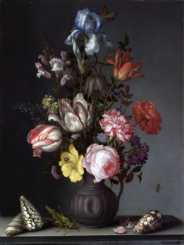 Vase with flowers, shells and insects  - Wallcover